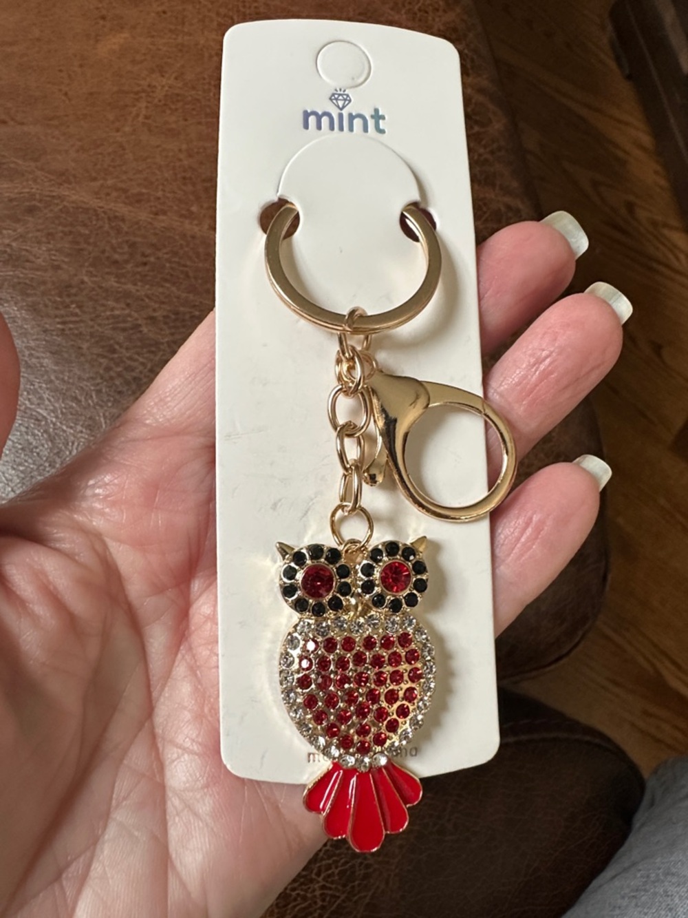 Keychain Red and Gold rhinestone Owl metal